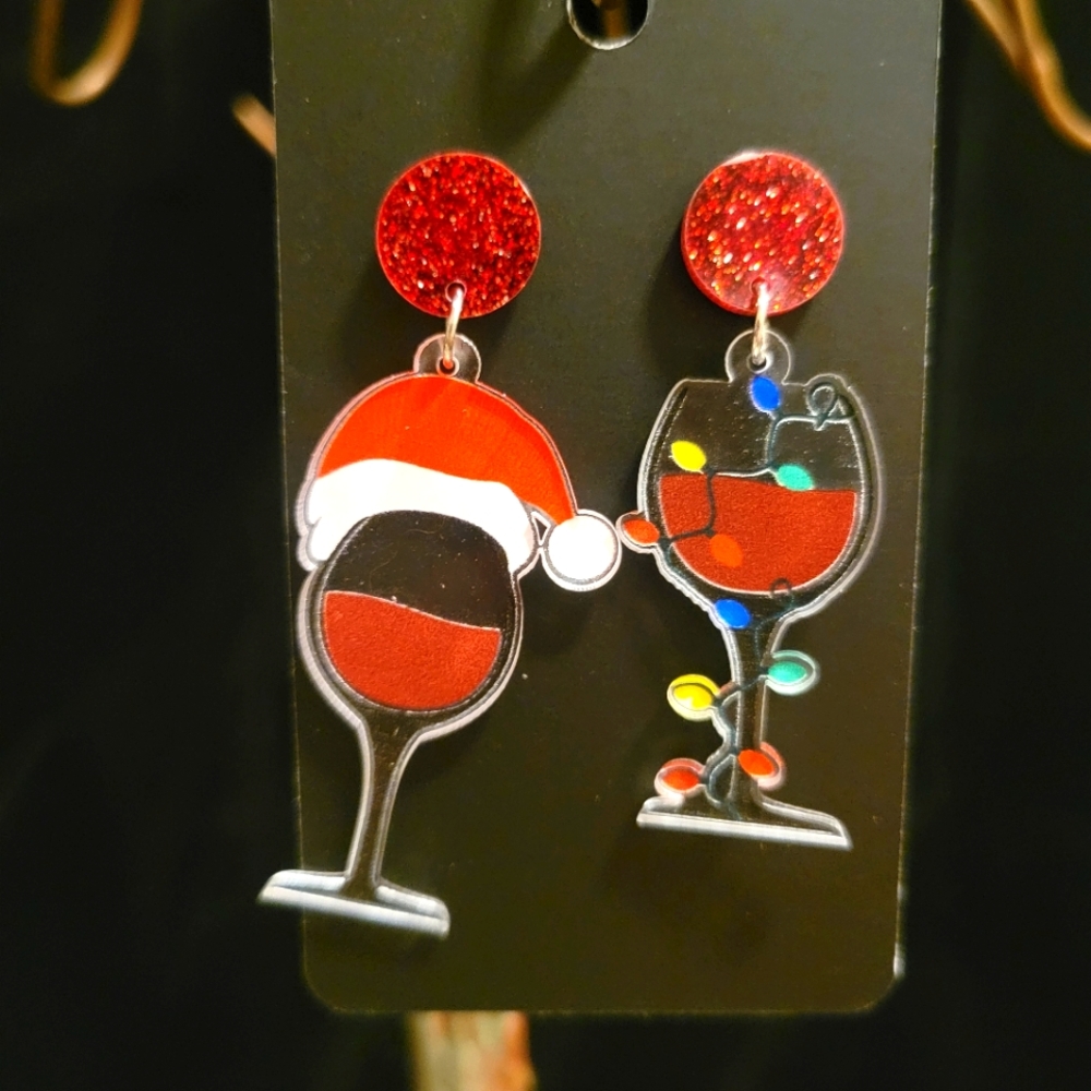2/$20 X-Mas Resin Wine Glass Earrings